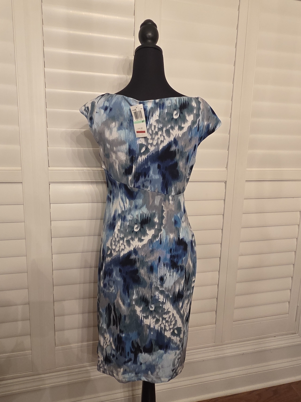 Connected apparel Blue Multi-Print Cowl Sheath Dress Size 8P - Picture 4 of 8
